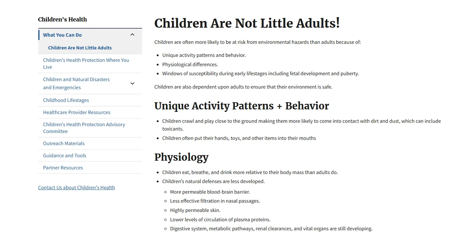 EPA儿童健康页面截图：Children Are Not Little Adults
