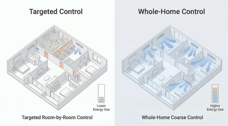 局部精确调节与全屋粗放调节的能耗对比图